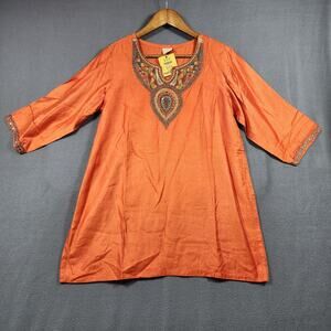 Paneri Embroidery Womens Tunic Top Large Orange Boho India Kurti Lagenlook NEW